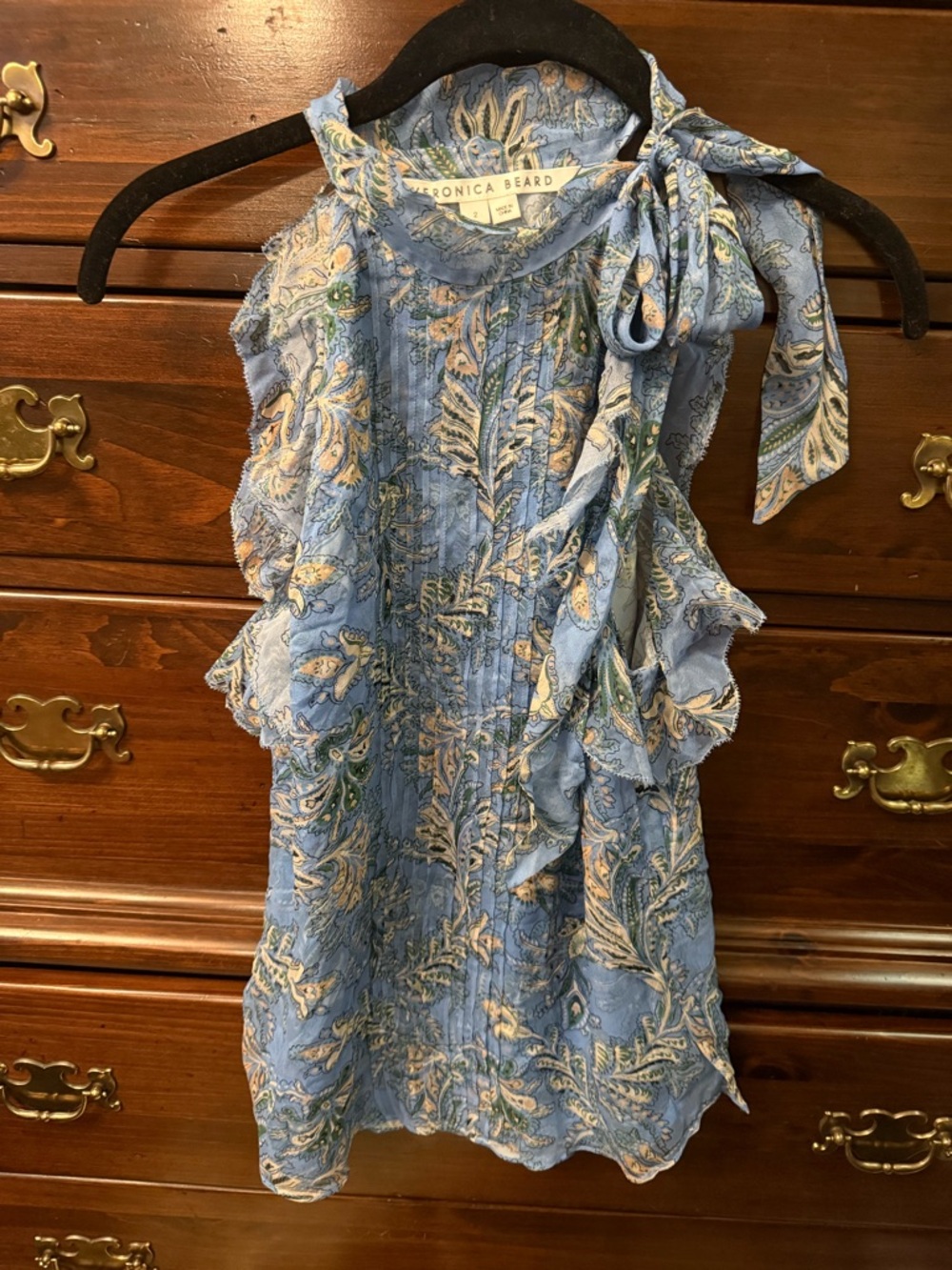 Veronica Beard Aero Blue Multi Paisley Ruffle Tie-Neck Silk Blouse